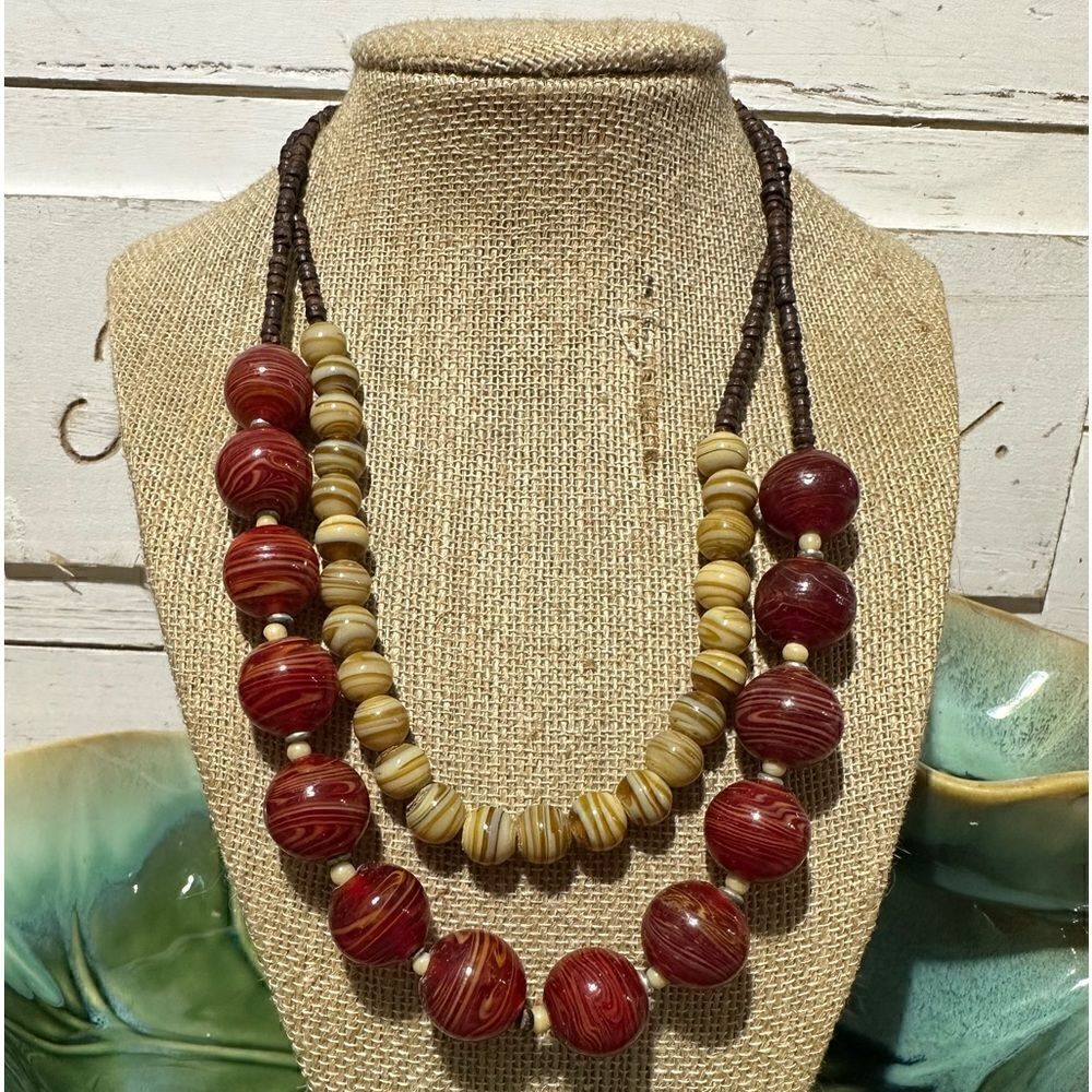 Vintage New York & Company Red and Beige Glass Beaded Double Strand Necklace
